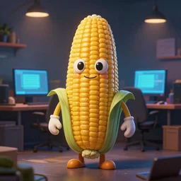 Anthropomorphic corn cob is a video game developer working late into the night on his greatest game ever, hyperrealistic, artstation, 8k, concept art, very detailed, hd, digital painting, dramatic lighting