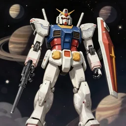 anime illustration of a large robust gundam, over looking saturn, wide shot, bokeh, ilya kuvshinov, anime, pixiv top monthly, trending on artstation, cinematic, danbooru, zerochan art, kyoto animation