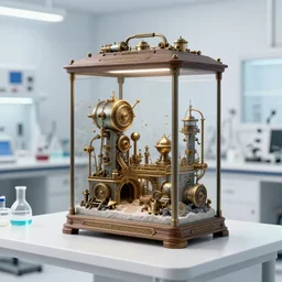 extremely detailed and ornate steampunk terrarium on a table In a cold white research lab