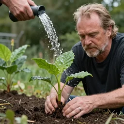 robert plant as a plant being planted into the ground and being watered by roger waters, realistic, hyperrealistic, ultra realistic, real, real world, highly detailed, very detailed, extremely detailed, intricate details, 8 k resolution, hd quality