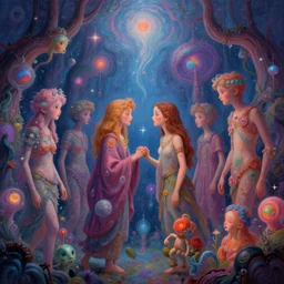 a psychedelic realm hidden away in a pocket of ethereal understanding | astral beings sharing love | in the style of greg rutkowski | and wlop | and lisa frank | and bob ross | and ruan jia | illustration | epic | fantasy | hyper detailed | smooth | unreal engine | sharp focus | ray tracing