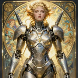 realistic detailed portrait of a humanoid mecha cyberpunk! goddess by Alphonse Mucha and Charlie Bowater and art germ, rule of thirds, golden ratio, Art Nouveau! cyberpunk! style, mechanical accents!, mecha plate armor, flowing wires with leaves, art nouveau accents, art nouveau patterns and geometry, rich deep moody colors, portrait style with the subject in the middle of the frame