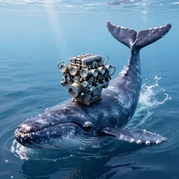 photograph of a small v 8 engine on the head of a massive cachalot whale, eight - cylinder piston diesel engine in the head of a cachalot in the ocean, soft body and a tail of a cachalot whale, full - body, longer shot, in the style of cyberpunk, fantastic
