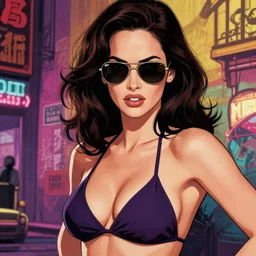 closeup portrait of film noir angry megan fox in a bikini wearing ray ban sunglasses, china town blade runner, glamour pose, detailed illustration, digital art, trending on artstation, arney freytag, film noir, patrick nagel, graffiti, gta v,
