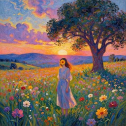 girl with a flower face, surreal photography, dream, standing in flower field, hills, big trees, sunrise dramatic light, impressionist painting, colorful clouds, digital painting, pointillism, artstation, simon stalenhag, flower