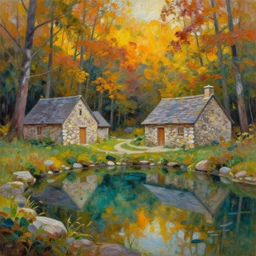 stone cottages underneath salto morato forest, pristine ponds. bodyscapes. fine painting intricate brush strokes, bright depth oil colors. 2 8 mm perspective multisourced photography by araken alcantara. intense promiseful happiness, autumn sunrise warm hdri forest light