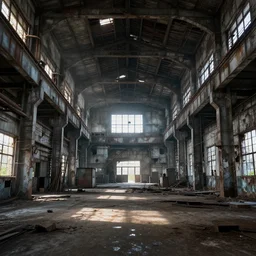 abandoned industrial factory interior, volumetric light, digital art, trending on artstation