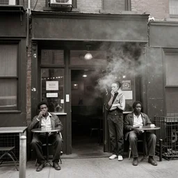 morning, entrance to a ghetto bar in new york, 2 0 0 0 s, ghosts smoking, fog, high detail, photorealistic, color old photo style