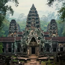 angkor in cambodia, khmer temples in ruins, lost in the heart of the forestsangkor in cambodia, khmer temples in ruins, lost in the heart of the forests, by ghibli and atey ghailan, a neon graveyard, mist, fog