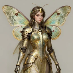 hyperdetailed portrait of beautiful queen's moth armored girl. highly detailed portrait, digital painting, sharp foccus ilustration, artstation hq. intricate, elegant. wlop, greg rutkowski, alphonse mucha, medium shot. dan mumford