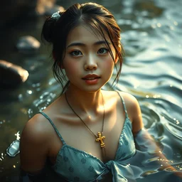a full body shot of a young asian girl in a river by artgerm, dynamic lighting, ray tracing, tom bagshaw, alphonse mucha, donata giancola, mary jane ansell, ankh necklace, atmosphere, realism, octane render, dof, hyperdetailed, 8 k