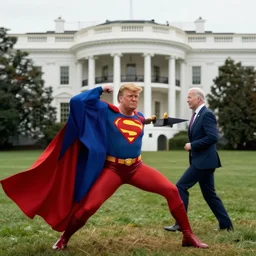 Portrait of Donald Trump superhero striking Joe Biden in Whitehouse