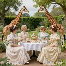 elegant victorian tea party with giraffes in an english summer garden patio, hyper realistic hieronymus bosch - h 7 6 8
