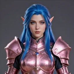 a beautiful and highly detailed digital portrait of a dignified female elven paladin with blue hair in rose gold armor by clint cearley, headshot, centered, artsation contest winner, artstation hd, cgsociety, fantasy art, cryengine, concept art, photorealism, daz 3 d, sketchfab, zbrush, vray