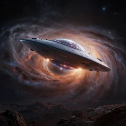 ufo flying through beautiful black hole, cinematic lighting, concept art, trending on Artstation, trending on DeviantArt, highly detailed, high quality, 8K HDR, octane render, unreal engine 5, breathtaking landscape, highly detailed, high quality, post processed