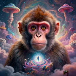 A well composed portrait of a wide eyed monkey, shrouded in lsd visuals dmt visuals shroom visuals a monkey face spirals and fractal designs infinity, by anato finnstark and moebius and beeple and in the middle a portal back to reality, filmic, cinematic, into the void, octane render, pbr, path based rendering, volumetric clouds, particle physics, glorious