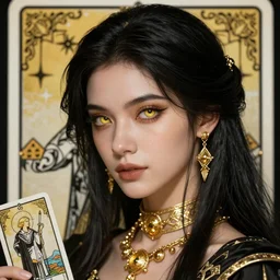 hyperrealistic detailed portrait of a female, cleric, fantasy, D&D, black hair, golden eyeball, golden jewellery, soft features, elegant, artstation, intricate details, tarot card, cinematic, vibrant