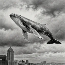 a whale swimming in the sky, a dark cloudy day, a shot from skyscrapper, pencil drawing, ultra realistic, dmt