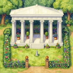 painting of a classical doric garden, rendered in octane trending on cgsociety. extremely detailed and intricate art. in the style of stardew valley painted in watercolors,