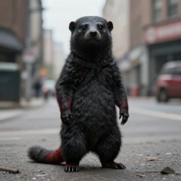 red sona, stoat | urbanscene photorealism | coalpunk masculine sona black