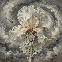 divine chaos engine by karol bak and ruan jia and vincent van gogh, desaturated warm neutral colors, iris van herpen visionary dreamscape, symbolist, james jean spiraling clouds, imagination, daydreams and nightmares, otherworldly, ethereal, fractal lace, ornate gothic organic filigree