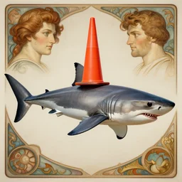 great white shark, side view, with a conical orange traffic cone on its dorsal fin - ron cheng & alphonse mucha, highly detailed, digital painting, ray tracing, concept art, illustration, smooth sharp focus, intricate, symmetry, artstation,