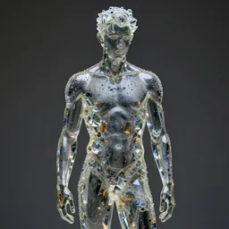 a statue of a young fit man made of glass and crystals, by philippe starck and victoria hagan, cinematic lighting, soft internal light, covered in water drops, detailed digital photography by rutkovski and beksinski, masterpiece, gorgeous, 4 k