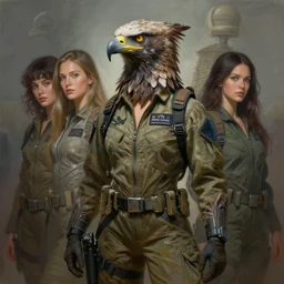 epic professional digital art of female human - eagle hybrid animal wearing air force jumpsuit, humanoid feathered head, eagle beak, painting, by lisa roet, reyna rochin, iris van herpen, leesha hannigan, artstation, cgsocietywlop, epic, much wow, much detail, gorgeous, detailed, cinematic, masterpiece