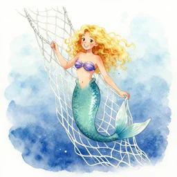 full body watercolor painting of a mermaid with curly blonde hair caught in a net
