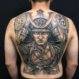 a man with a samurai tattoo on his back, a tattoo by richard mortensen, reddit contest winner, primitivism, tattoo, detailed, intricate