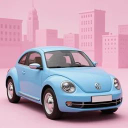 scene light blue volkswagen beetle, pink city, art by ismail inceoglu, artstation