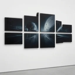 4 piece on a wall, futuristic dark surrealism, spary painting, artwork by obey