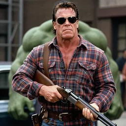 film still of Hulk Hogan as Nada wearing a flannel shirt and sunglasses and holding a shotgun with a bandolier in Bank scene in They Live 1988