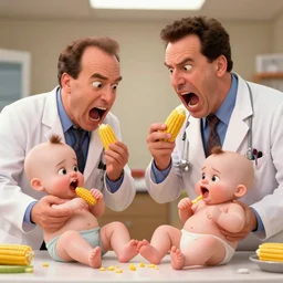 jerry seinfeld and tim allen as doctors screaming angrily at babies about eating all their corn hyperrealism by disney pixar animated wlop beeple photo - realistic