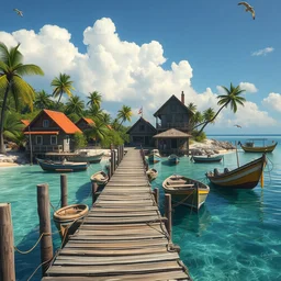 a little fisher village on a tropical island, wood pier and houses, nets and boats, house made with boat parts, scenic view, bright day, matte painting by marc simonetti and rhads and donato giancola, trending on artstation