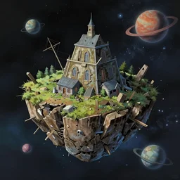 a crumbling island floating in space, debris, surrounded by planets and stars, in style of hayao miyazaki, digital art, detailed,