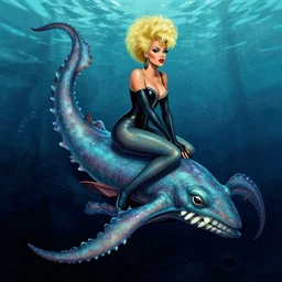 grace jones riding on a giant squid, digital art