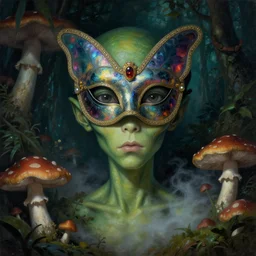 a neoclassicist portrait of a big - eyed alien boy with green skin wearing an iridescent venetian carnival butterfly mask surrounded by mushrooms in a jungle at night. reflective textures. glowing fog. highly detailed fantasy science fiction painting by moebius, norman rockwell, frank frazetta, and syd mead. rich colors, high contrast, gloomy atmosphere, dark background. artstation
