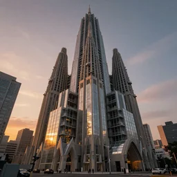 streetscape, a towering cathedral of brutalist architecture, buildings covered with greebles, stunning volumetric light, sunset, metal, concrete and translucent material, stunning skies, majestic landscape, trending on Artstation, 8k, photorealistic, hyper detailed, unreal engine 5, IMAX quality, cinematic, epic lighting, in the style of Greg Rutkowski