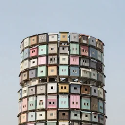 circular towers made up of makeshift squatter shacks with pastel colours, mamiya, 8 5 mm, f 1. 7, fully frontal view, uniform plain sky, fine details, photographed by cristina de middel and julie blackmon