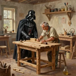 highly detailed oil painting | very intricate | cinematic lighting | award - winning | darth vader as a simple carpenter fine craftsman | building a wooden table in their well organized clean workshop | beautiful cinematic light, american romanticism, by huang guangjian, gil elvgren, ruan jia, randy vargas, greg rutkowski, artstation, cgsociety, official art, octane
