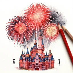 pencil and watercolor of fireworks above disneyland, in the style of beksinski, red, black, vibrant, chiaroscuro, high detail, perfect artwork, clean lines