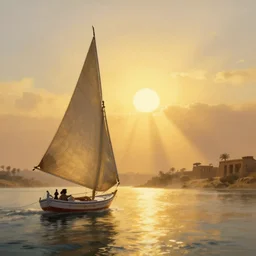 Thomas Cole fantasy matte painting of sailing toward the sun on a felucca along the ancient River Nile, in ancient Egypt during the golden hour in summer, volumetric sun rays and dust, water reflection, Thomas Kinkade, Greg Rutkowski, ArtStation, CGSociety, Unreal Engine