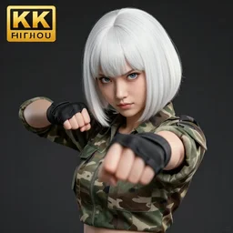 black anime manga girl, wearing camo, white french bob, throwing punch pose, realistic, 4 k, artstation, highly detailed, detailed face