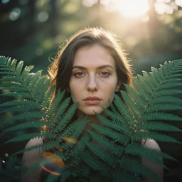 An analog head and shoulder frontal face portrait photography of a woman behind multiple big fern leaves by Oleg Oprisco. Kodak Portra 800 film. Depth of field. whirl bokeh. Sunshine. Golden hour. detailed. hq. realistic. warm light. muted colors. Moody. Filmic. Dreamy. lens flare. Leica M9, f/1.2, symmetrical balance, in-frame