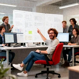 we asked ai to show us a ux designer having loads of fun in a red chair with a big team creating wire frames. if this looks like you plz apply