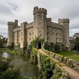 english castle moat drawbridge ivy moss, fantasy, highly detailed, art by greg rutkowski