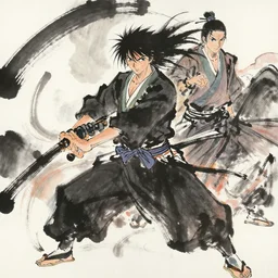 samurai by Ross Tran and takehiko Inoue , expressive sumi-e and colorful watercolor, powerful zen composition, expressive brush strokes that flow across the painting.
