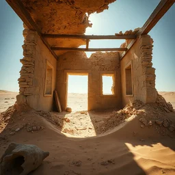 interior view, a ruined house half buried in the desert sand, hdr dslr photograph