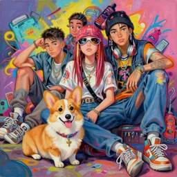 beautiful painting of hiphop solarpunk summertime teen chilling with corgi, by eddie mendoza, ching yeh, etienne hebinger, jef wu. trending on artstation, 8 k, masterpiece, graffiti paint, fine detail, full of color, intricate detail, golden ratio illustration, face enhance